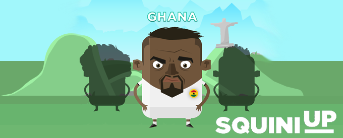 Im Beitragsbild für SQUINI UP ist ein Nationalspieler aus Ghana und die Kulisse von Rio de Janiero in Brasilien zu sehen.
