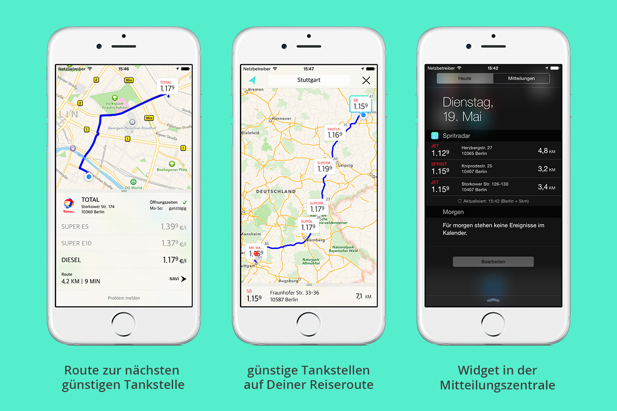Die App Spritradar zeigt die günstigste Tankstelle in der Umgebung oder auf der Reiseroute an.
